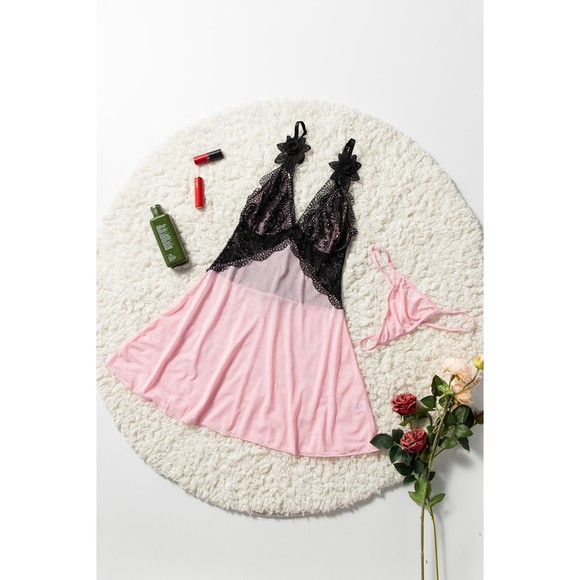 Pink and black Lace Mesh Open Back Babydoll nighty lingerie with panties - Picture 5 of 10